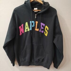 Vtg Y2K Gildan Naples Embellished Zip Up Hood Sz Large Black Colored Letters‎